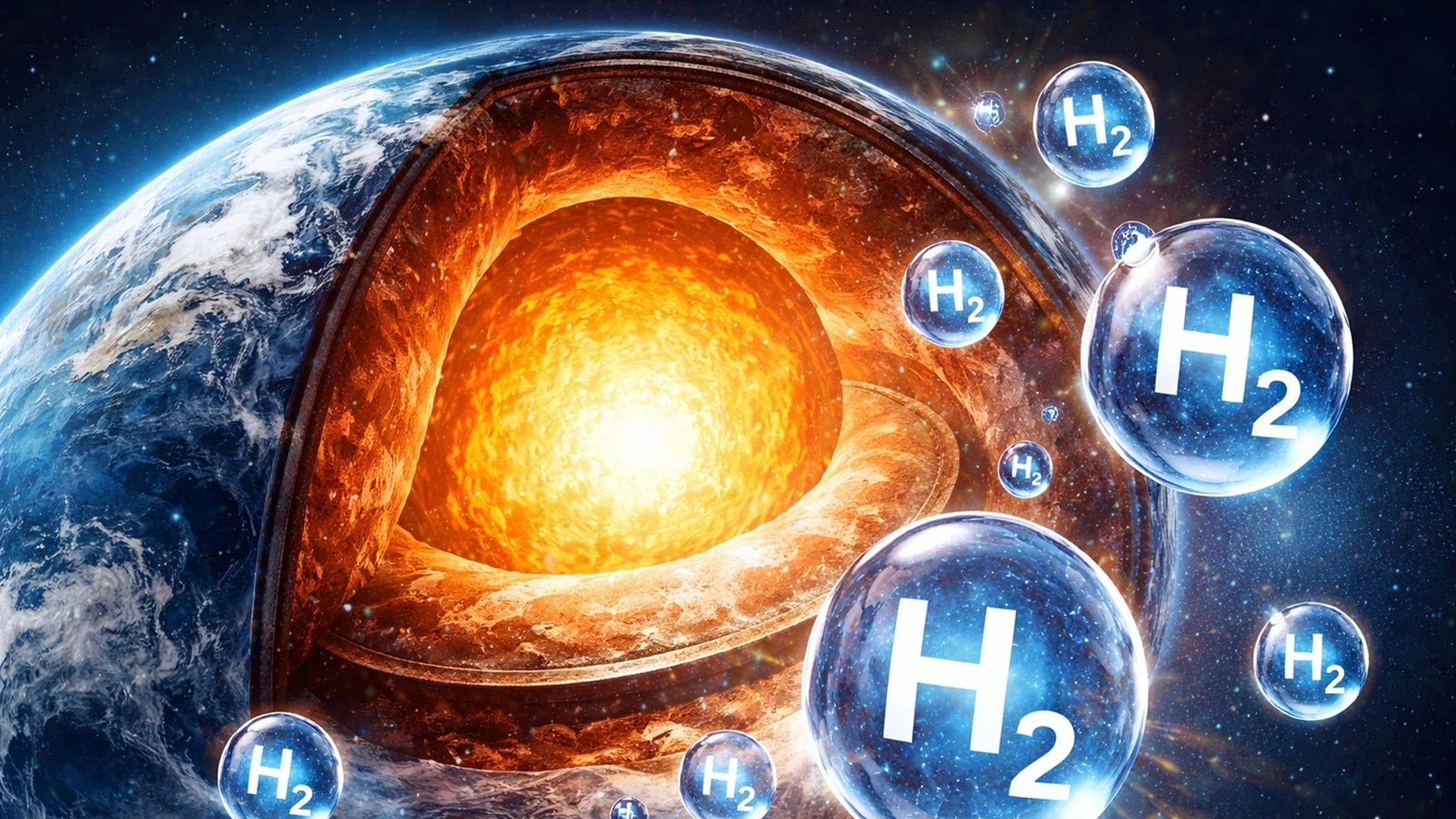 Водень (H₂) у ядрі Землі: розріз планети з молекулами газу.