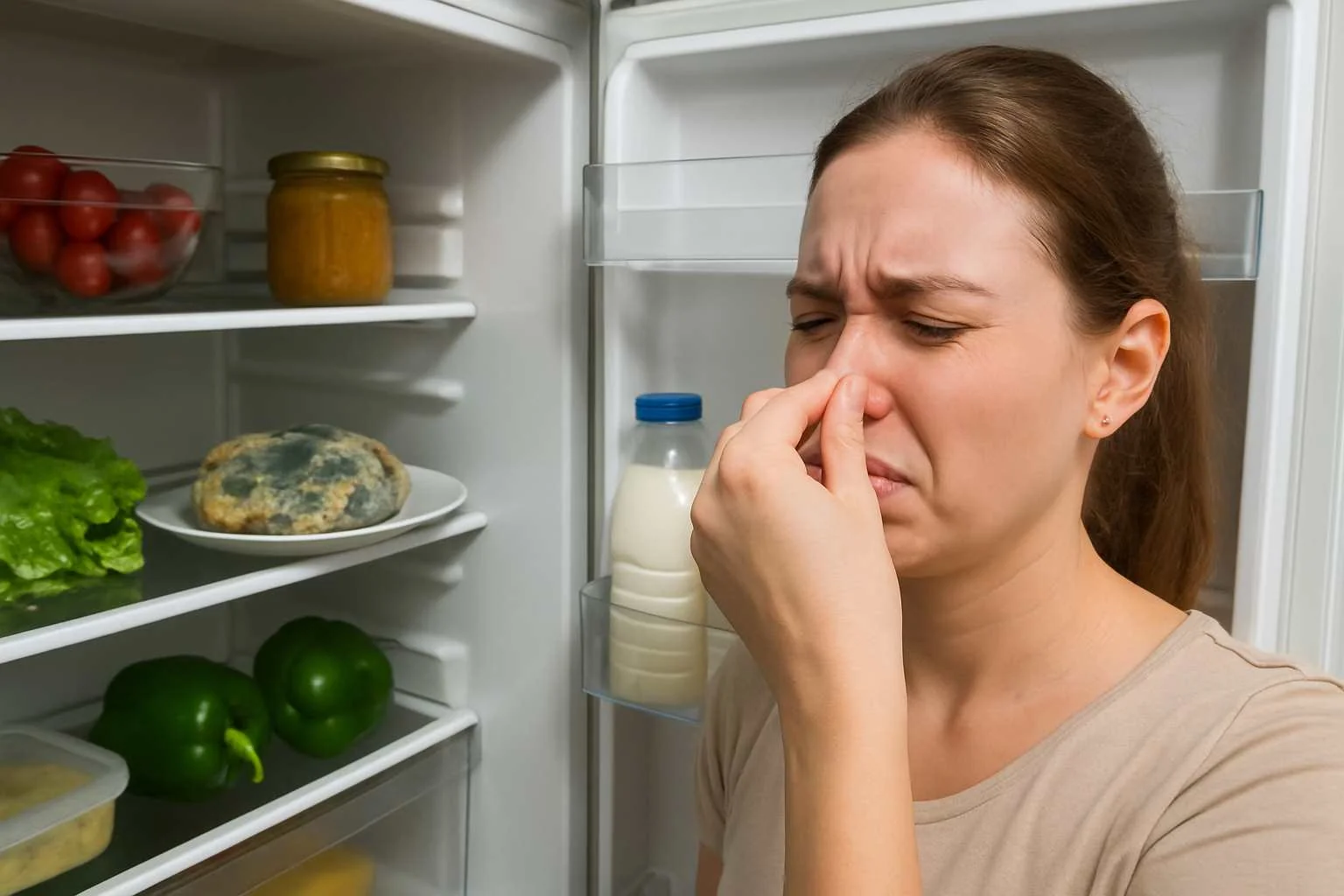 Жінка затримує ніс від неприємного запаху зіпсованих продуктів у холодильнику