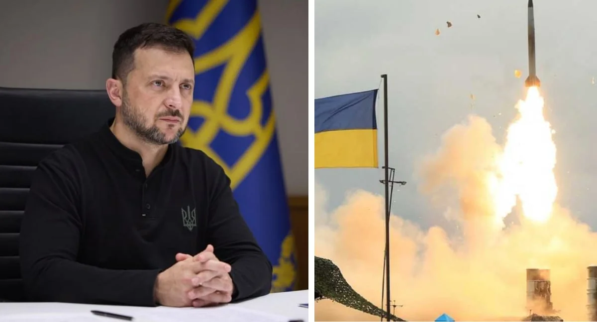 Володимир Зеленський за столом з прапором України та запуск ракети ППО