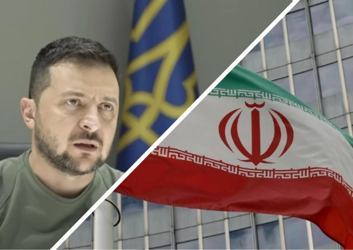 Володимир Зеленський на тлі прапорів України та Ірану щодо зміни режиму