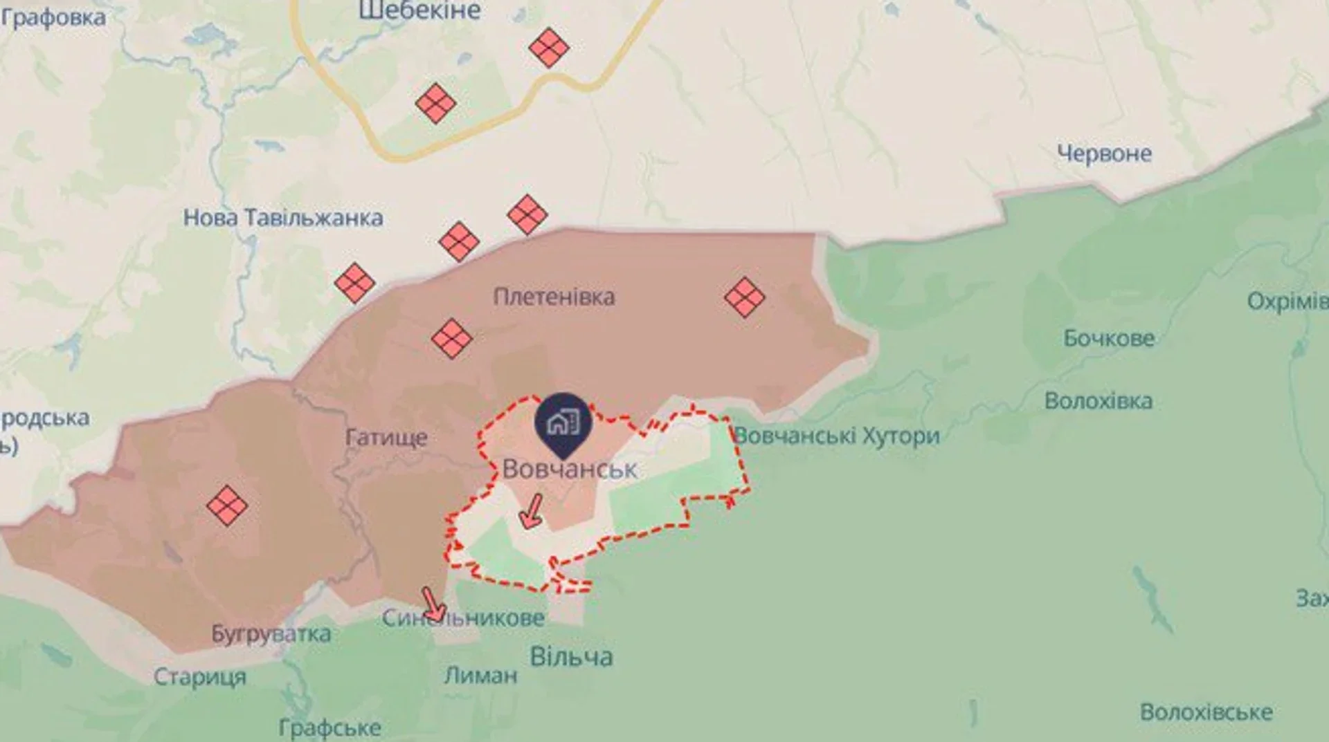 Карта півдня Вовчанська: позиції ЗСУ проти флангових маневрів РФ