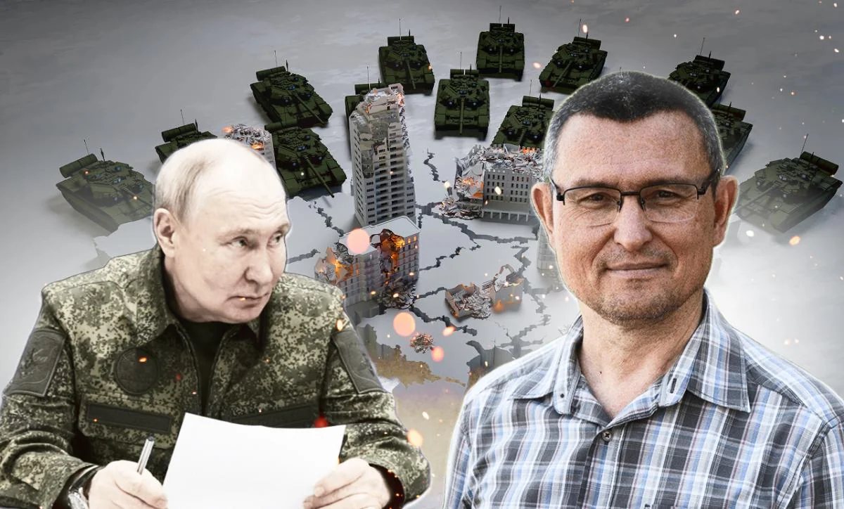 Володимир Путін у камуфляжі на тлі зимових руйнувань від танків поряд з Саймоном Шустером