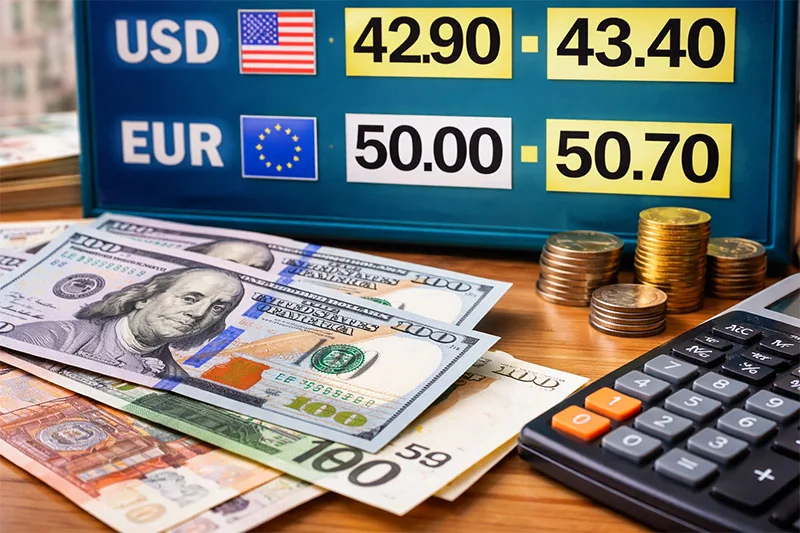 Курси долара в Україні: USD 42.90-43.40 грн, EUR 50.00-50.70 грн на табло з купюрами
