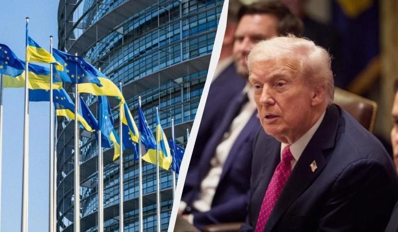 Дональд Трамп рядом с Европарламентом и украинскими флагами