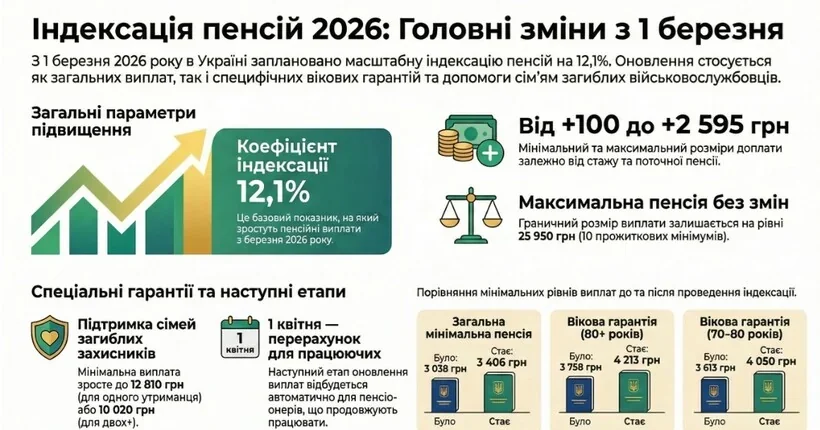 Інфографіка індексації пенсій у березні 2026: коефіцієнт 1,121, надбавки 100-2595 грн