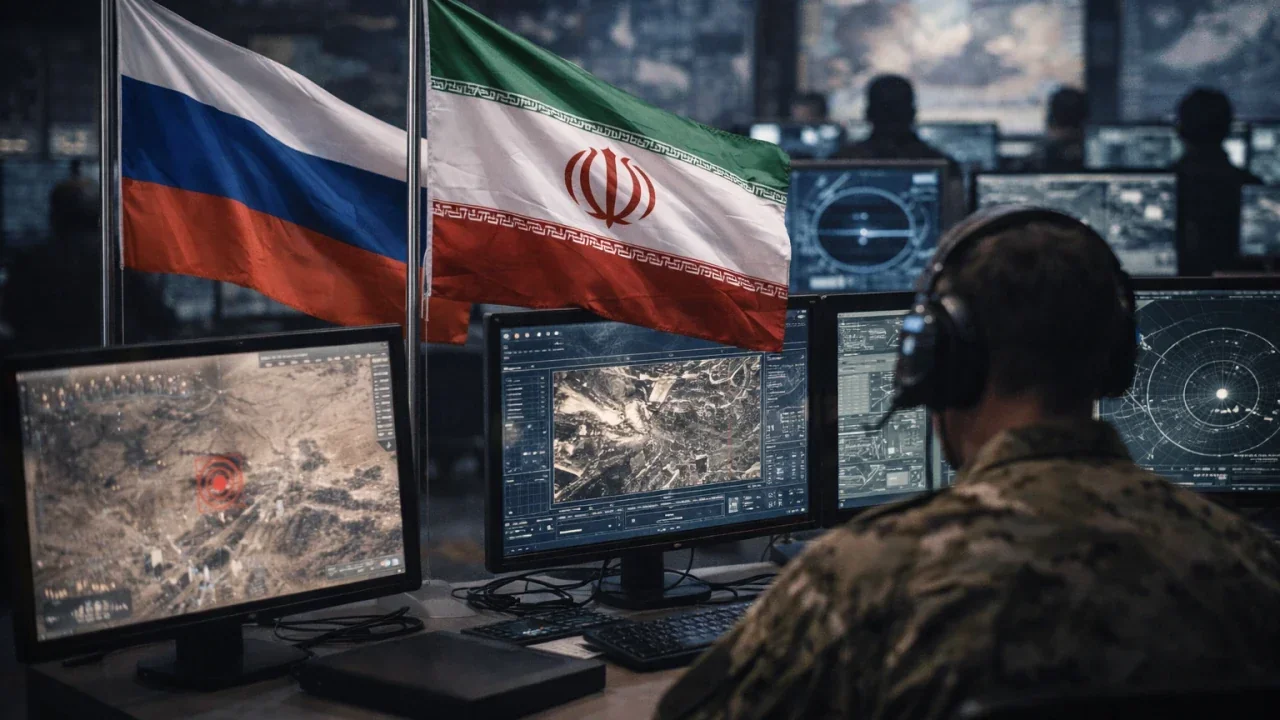 Флаги Ирана и России в центре военного управления на Ближнем Востоке