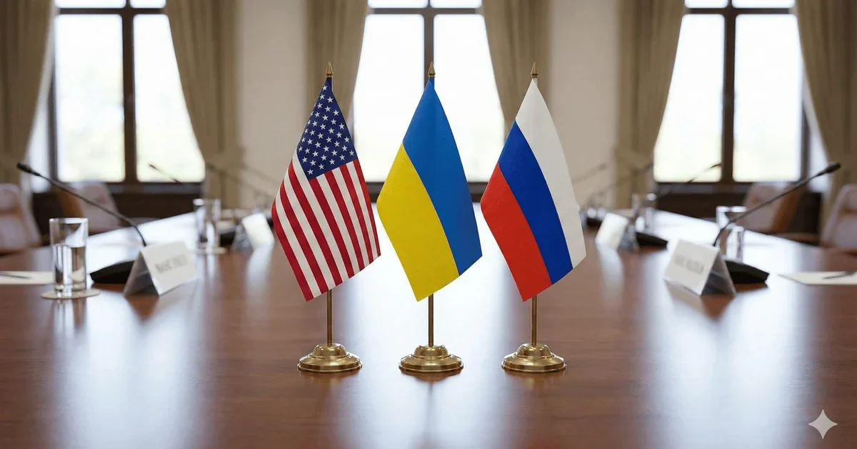 Прапори США, України та Росії на столі паузованої переговорної зустрічі