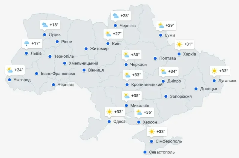 Карта України з прогнозом спеки від антициклону: +12–17°C у березні