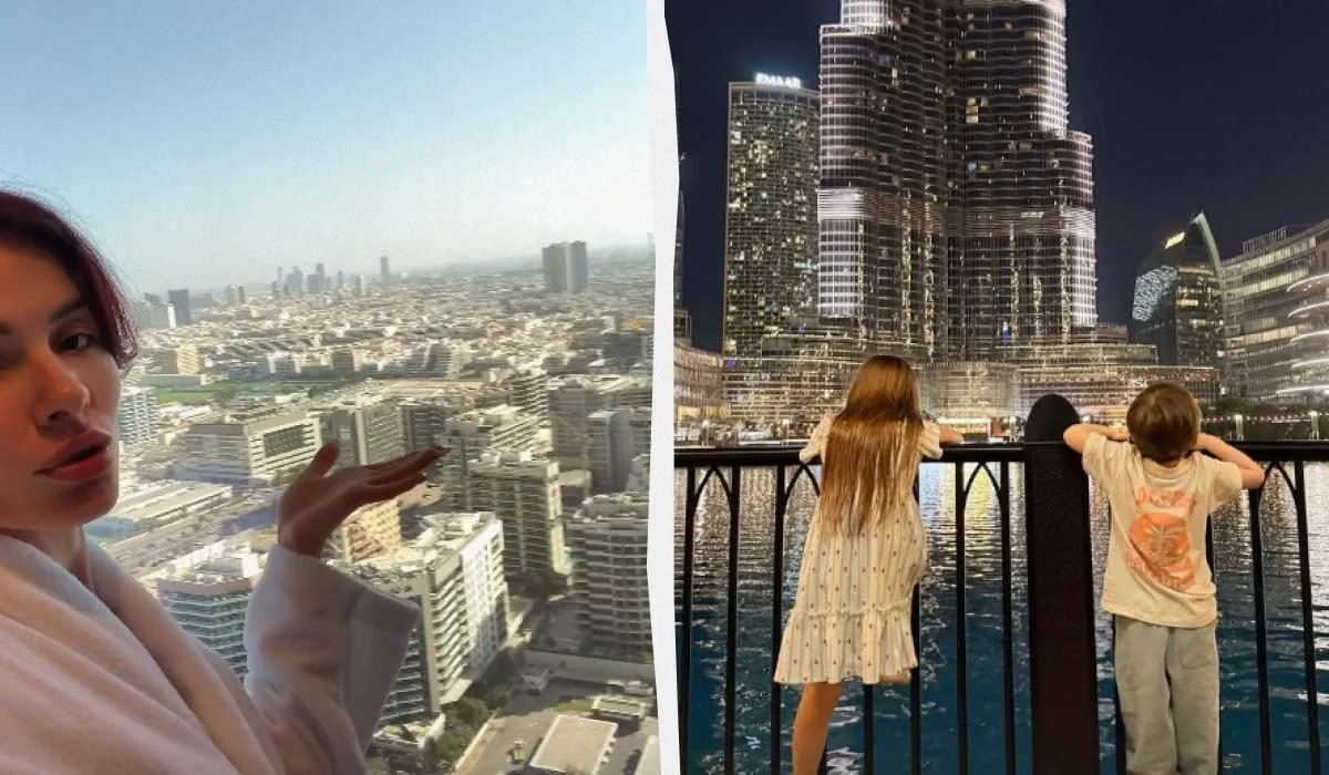 MamaRika з сином на балконі в Дубаї: панорама міста вдень та Burj Khalifa вночі