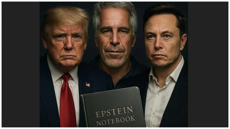 Ілон Маск, Джеффрі Епштейн і Дональд Трамп тримають записник Epstein Notebook
