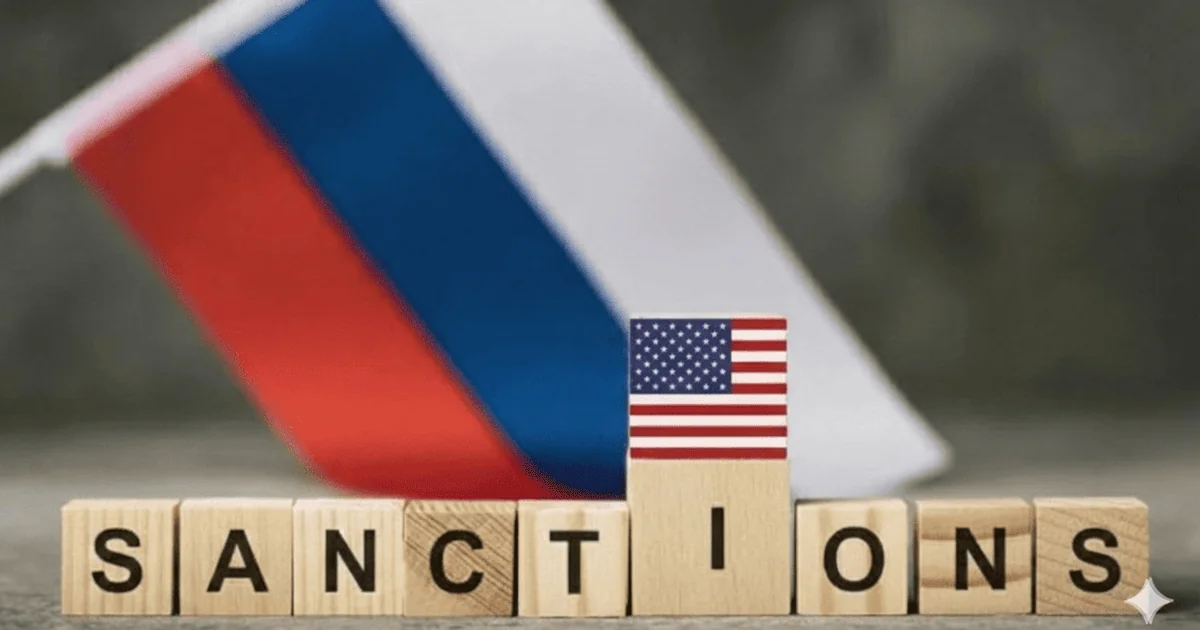 Санкції США проти РФ: прапори Росії та США з кубиками «SANCTIONS»