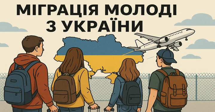 Мігральна молодь України з рюкзаками в аеропорту дивиться на злітаючий літак