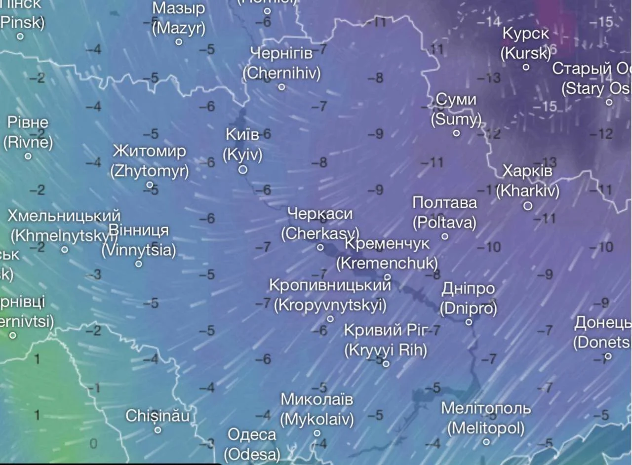 Метеорологічна карта України з прогнозом морозів до -13°C у березні