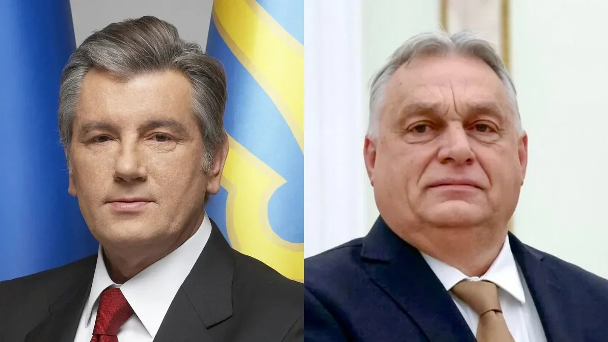 Віктор Орбан та Віктор Ющенко на тлі прапорів Угорщини й України