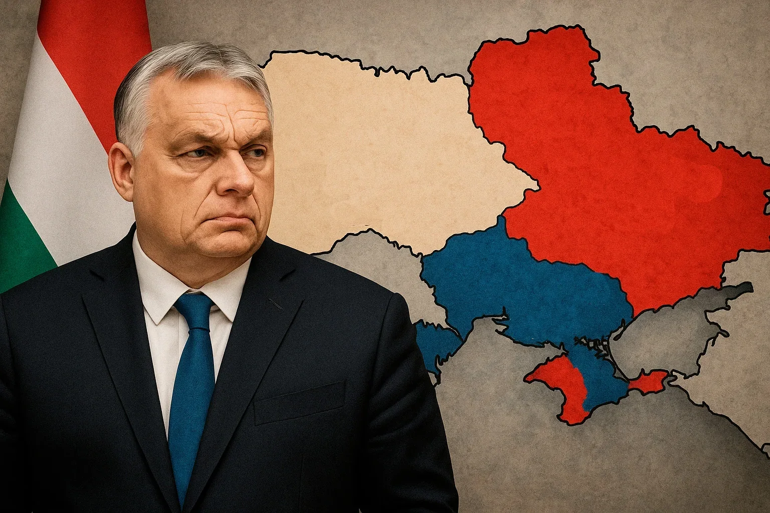 Віктор Орбан на тлі карти України з угорським прапором