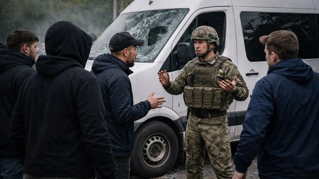 Військовий ТЦК серед нападників у капюшонах біля розбитого фургона під Полтавою.