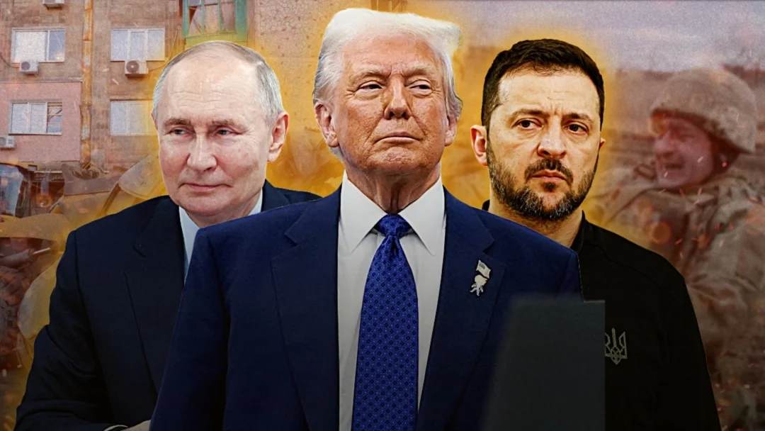 Владимир Путин, Дональд Трамп и Владимир Зеленский на фоне военных руин