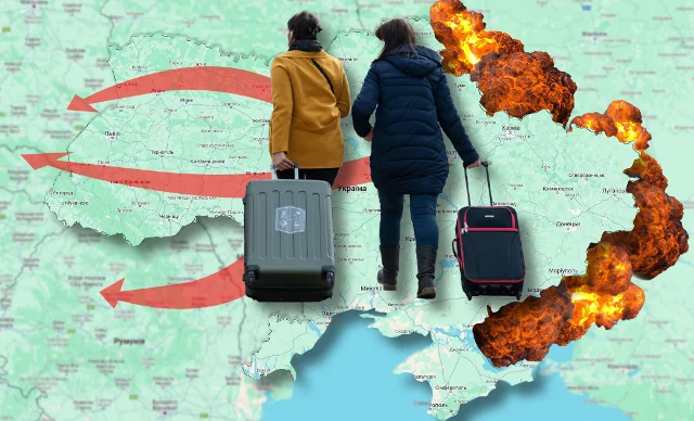 Массовое переселение на оккупированные территории Украины: женщины с чемоданами на карте с огнем