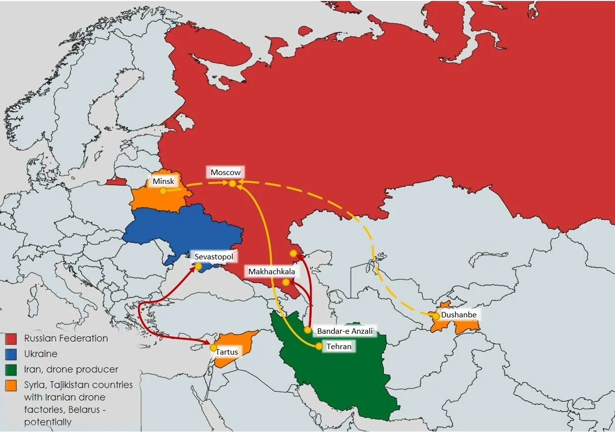 Схема маршрутів постачання дронів та гуманітарки з Росії до Ірану