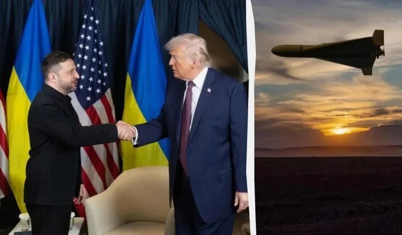 Президент Зеленський тисне руку Трампу біля прапорів України та США з дроном Shahed