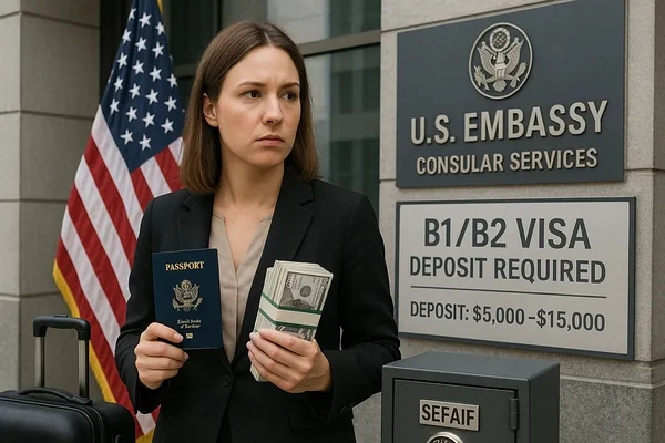 Жінка з паспортом і пачкою доларів біля посольства США з вимогою $15 тис. застави за візу B1/B2