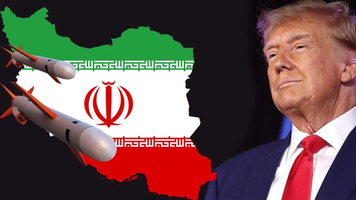 Дональд Трамп поруч із картою Ірану та летючими ракетами, що символізують удар