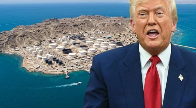 Дональд Трамп на тлі острова Харк з нафтовими сховищами в Перській затоці