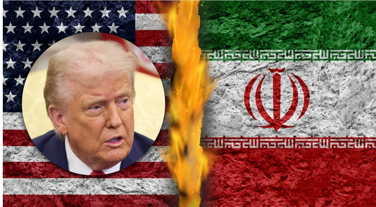 Дональд Трамп між прапорами США та Ірану з полумям розгрому