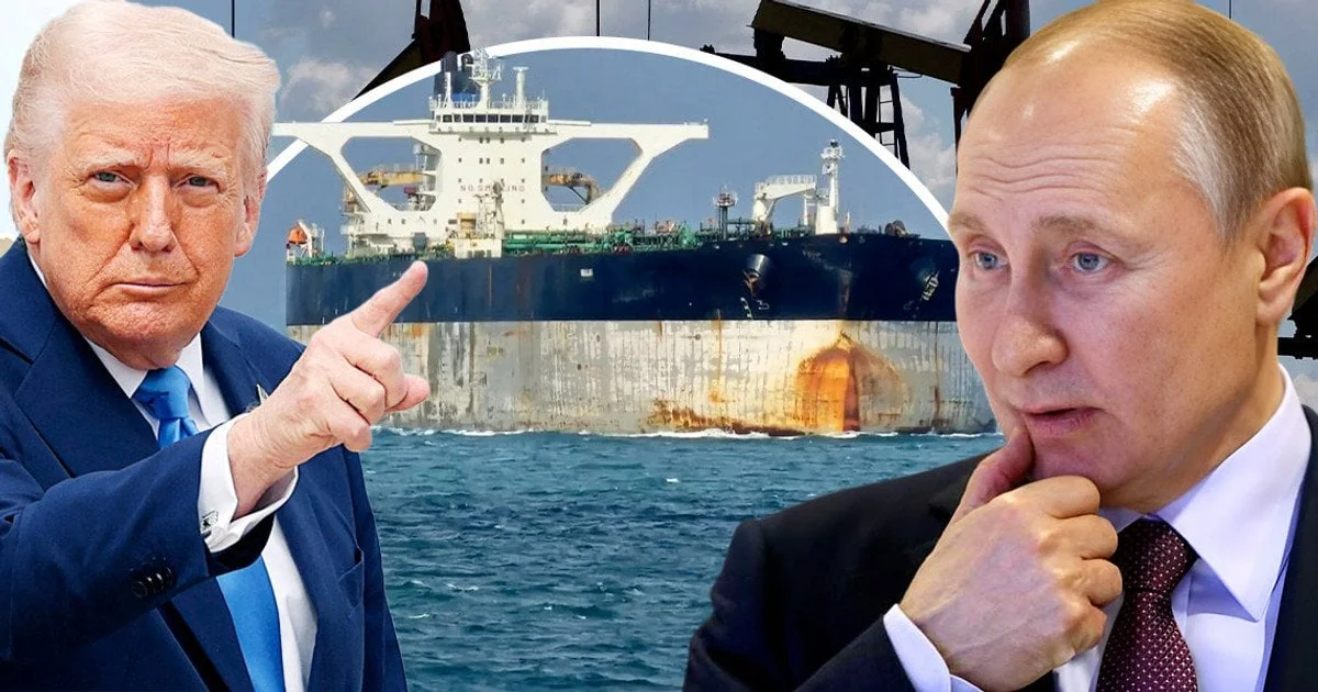 Дональд Трамп указывает на нефтяной танкер на фоне задумчивого Путина