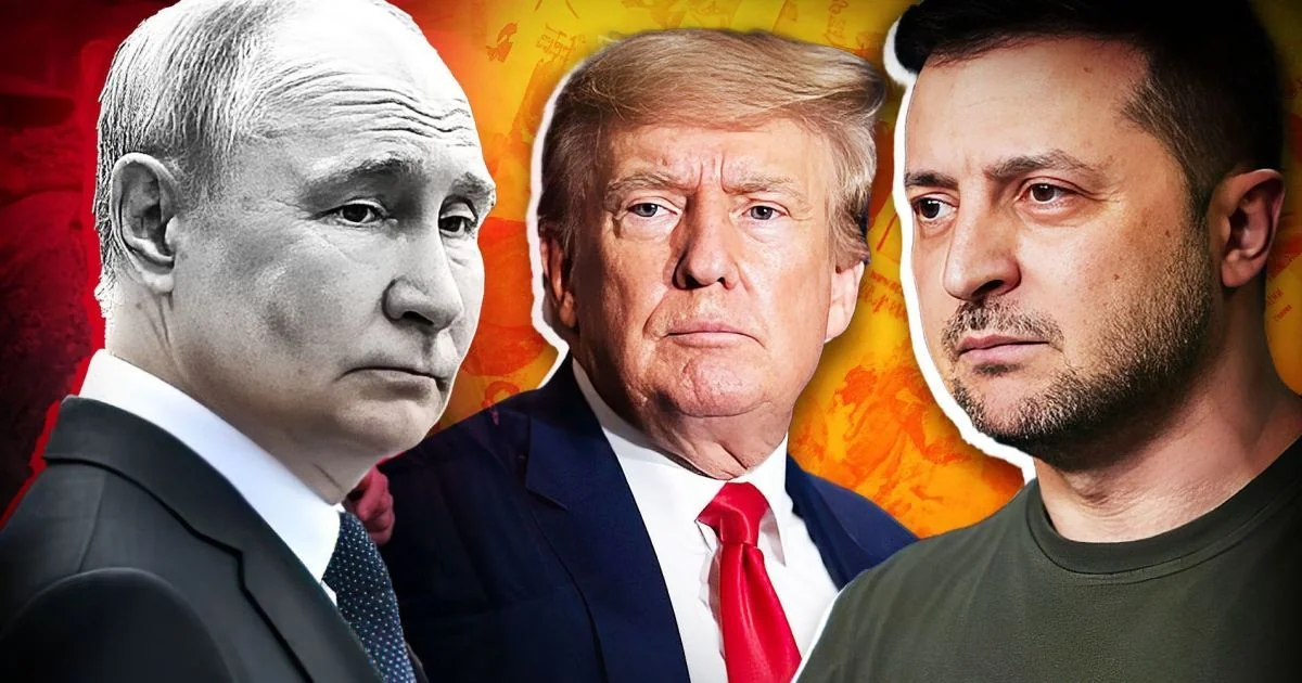 Дональд Трамп, Володимир Путін і Володимир Зеленський на тлі заяви про зброю для України