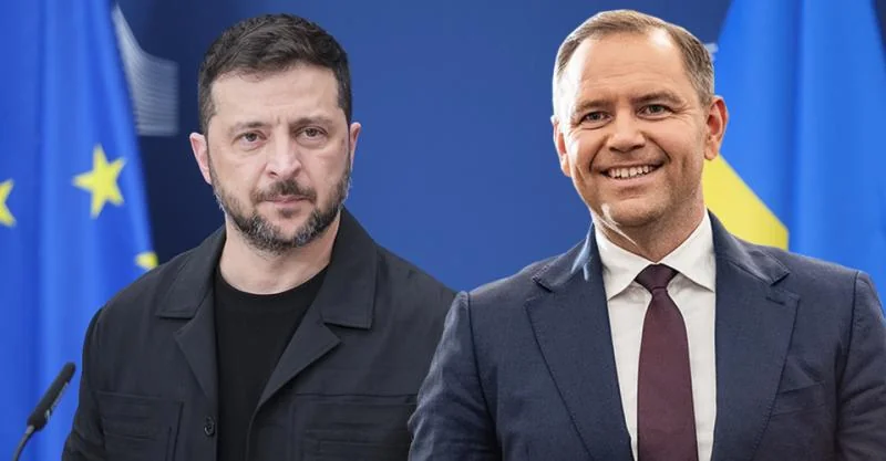 Дональд Туск и Владимир Зеленский на фоне флагов ЕС и Украины