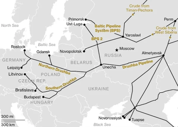Карта нафтопроводу «Дружба» через Україну до Угорщини з транзитом російської нафти