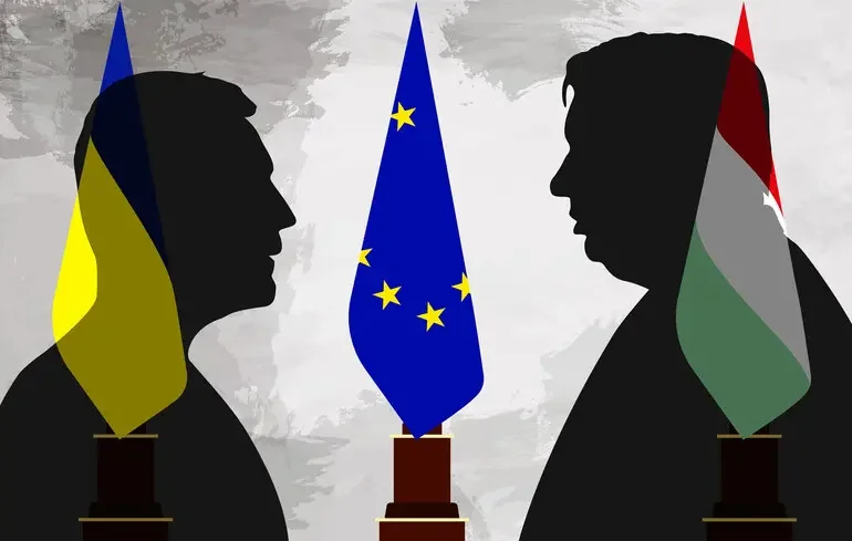Силуети прапорів України, ЄС та Угорщини символізують блокування вступу резолюцією