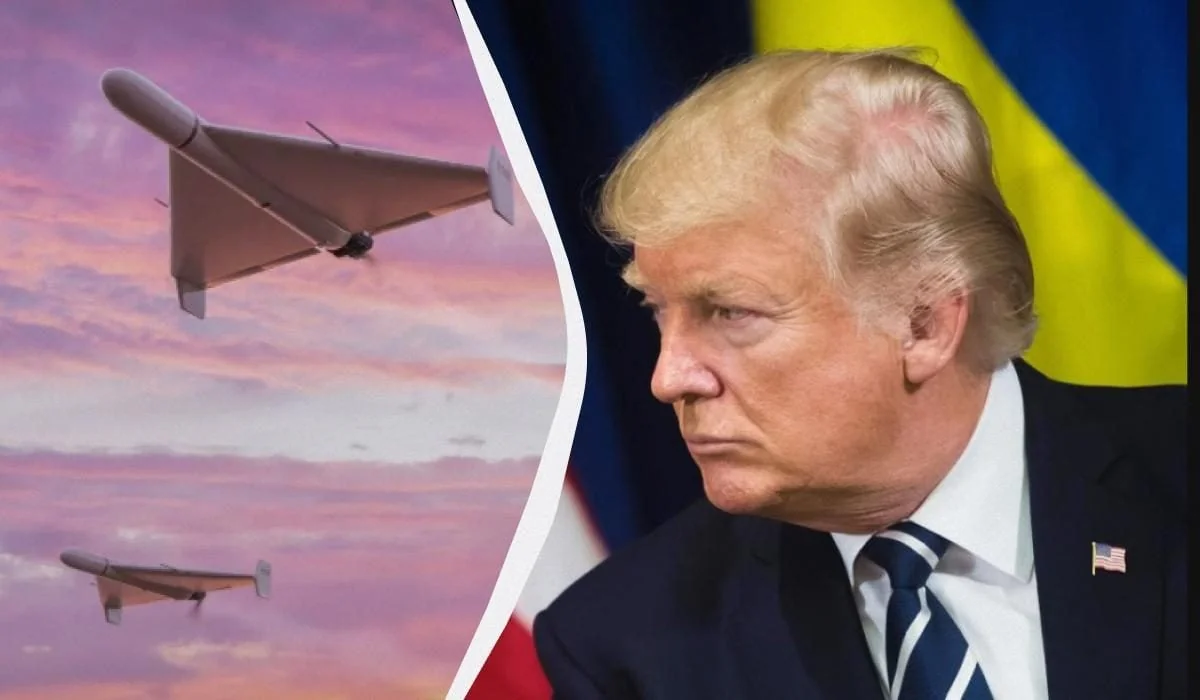 Українські БПЛА в польоті над заходом та Дональд Трамп з прапорами США й України