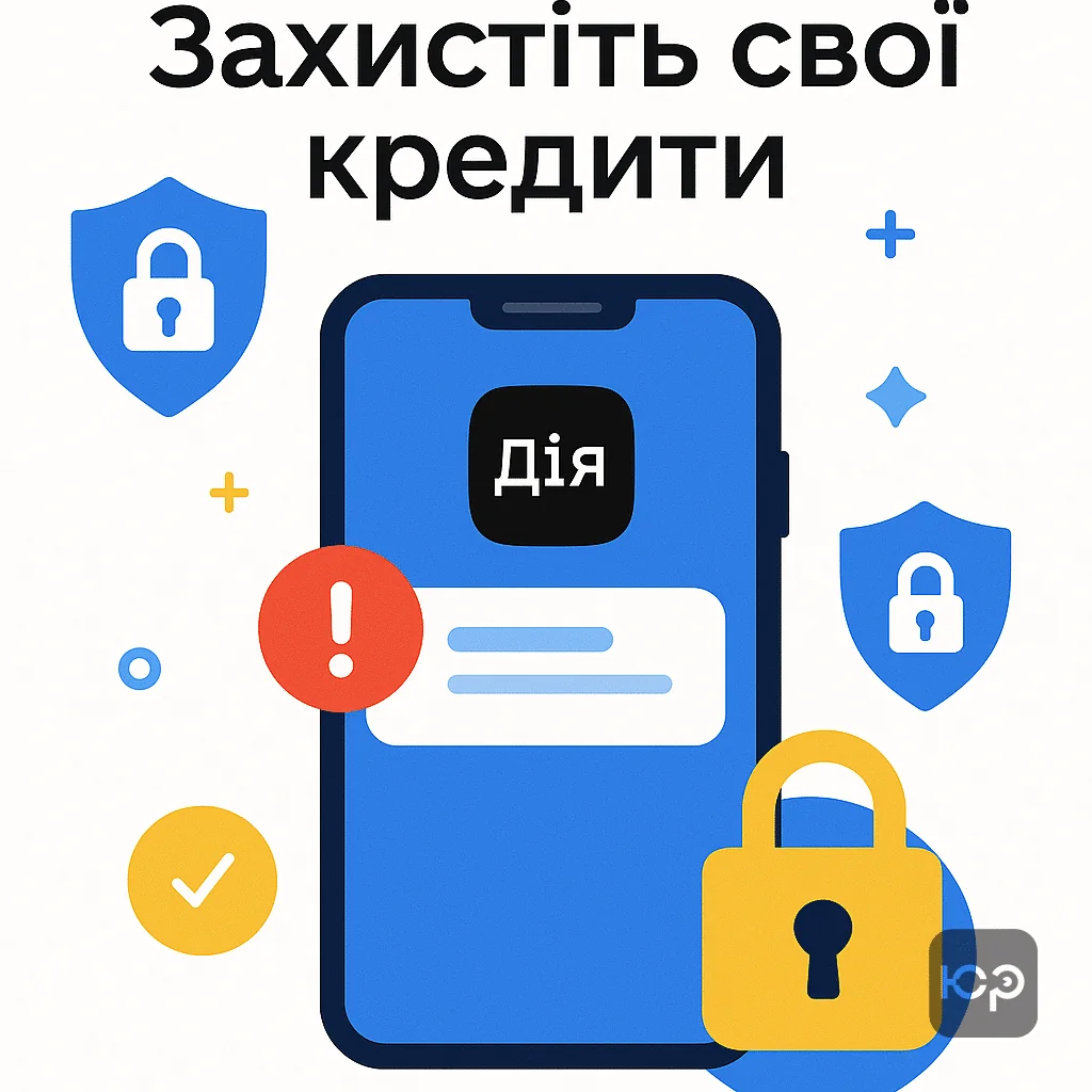 Смартфон із «Дією» для блокування кредитів, замки, щити та повідомлення «Захиститись від кредитів»