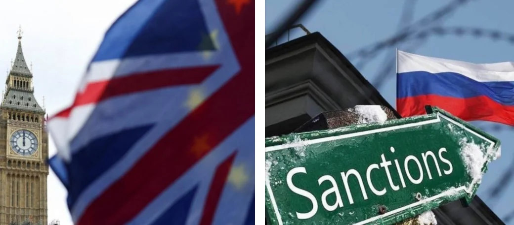 Велика Британія підтримує санкції проти РФ: Біґ Бен, прапори та знак Sanctions