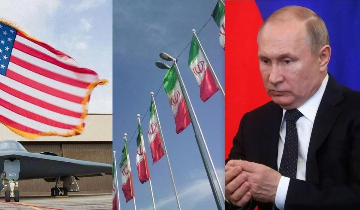 Американский бомбардировщик под флагом США рядом с иранскими флагами и Путиным в войне с Ираном