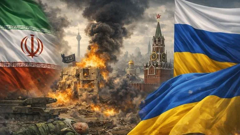 Війна в Ірані: прапори України, Ірану та Росії над палаючими руїнами з танком