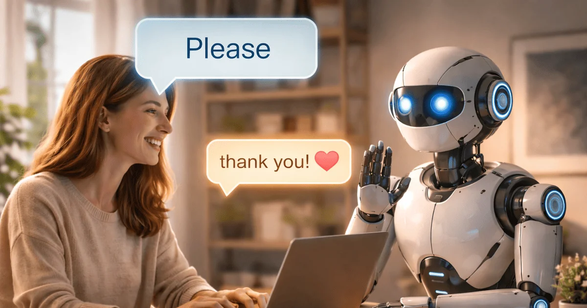 Жінка каже Please ШІ-роботу, той махає рукою з Thank you! у відповідь