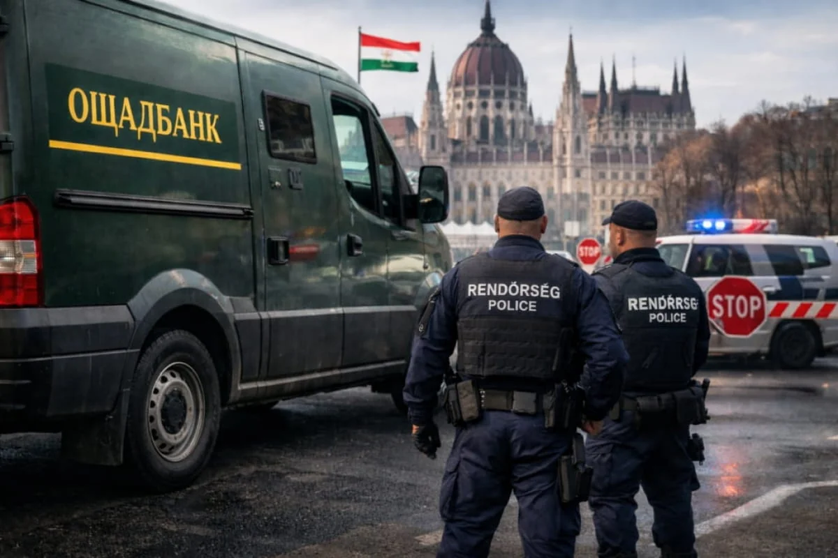 Інкасаторський фургон Ощадбанку в оточенні угорської поліції біля парламенту в Угорщині