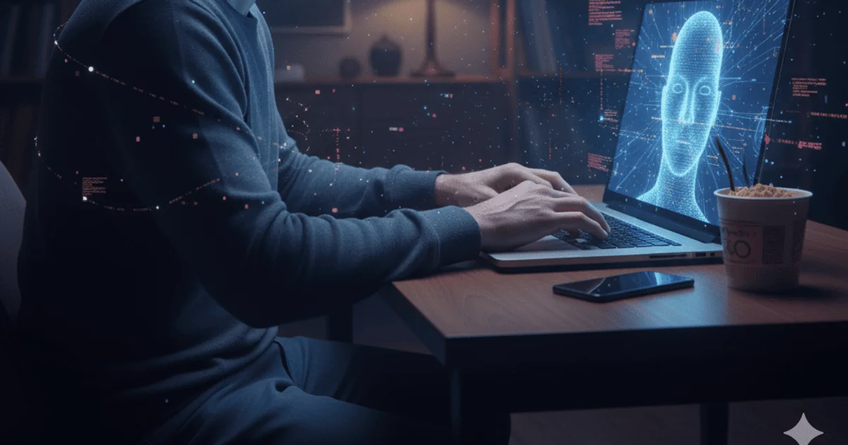 Чоловік спілкується з чат-ботом Gemini на ноутбуці в напівтемряві.