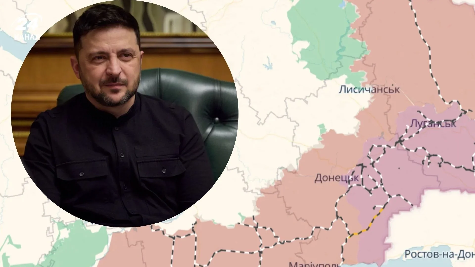 Володимир Зеленський на тлі карти планів РФ на сході та Запоріжжі