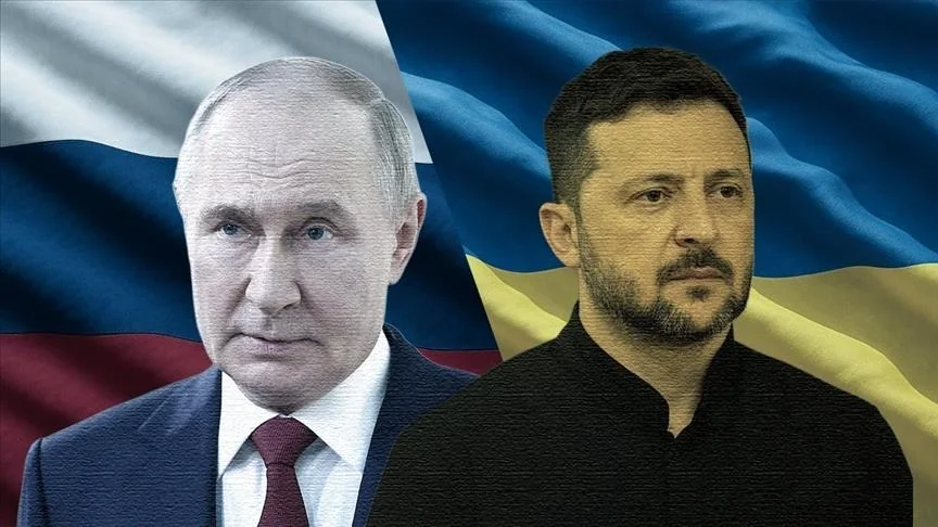 Володимир Зеленський та Володимир Путін на тлі прапорів України і Росії