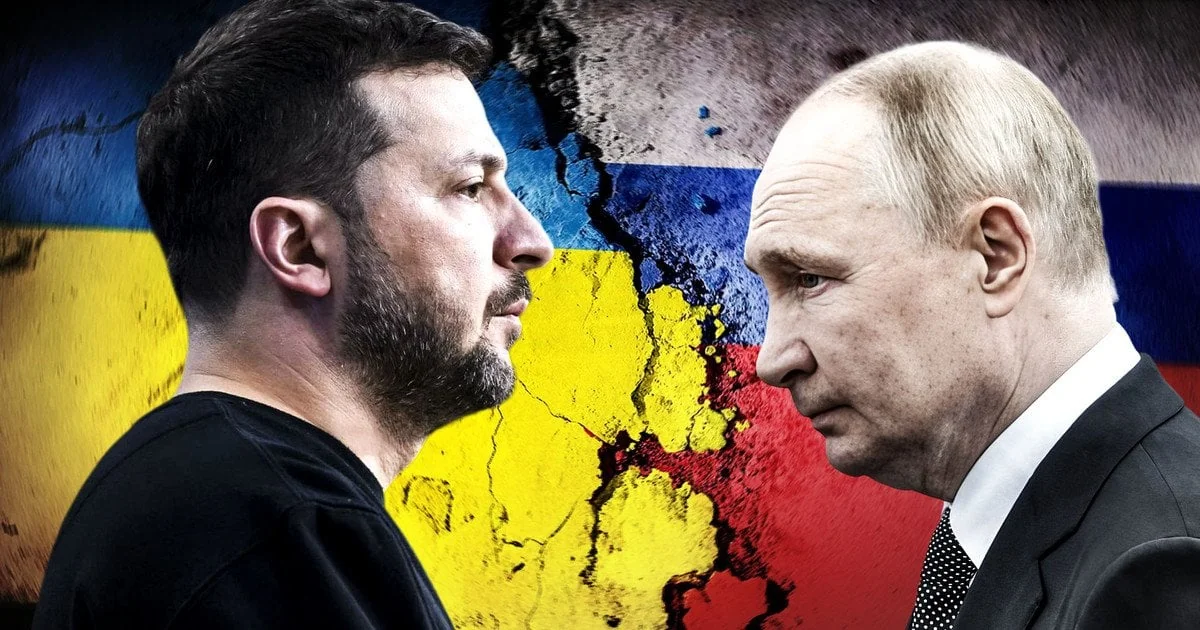 Володимир Зеленський протистоїть Путіну на тлі розколотих прапорів України та Росії
