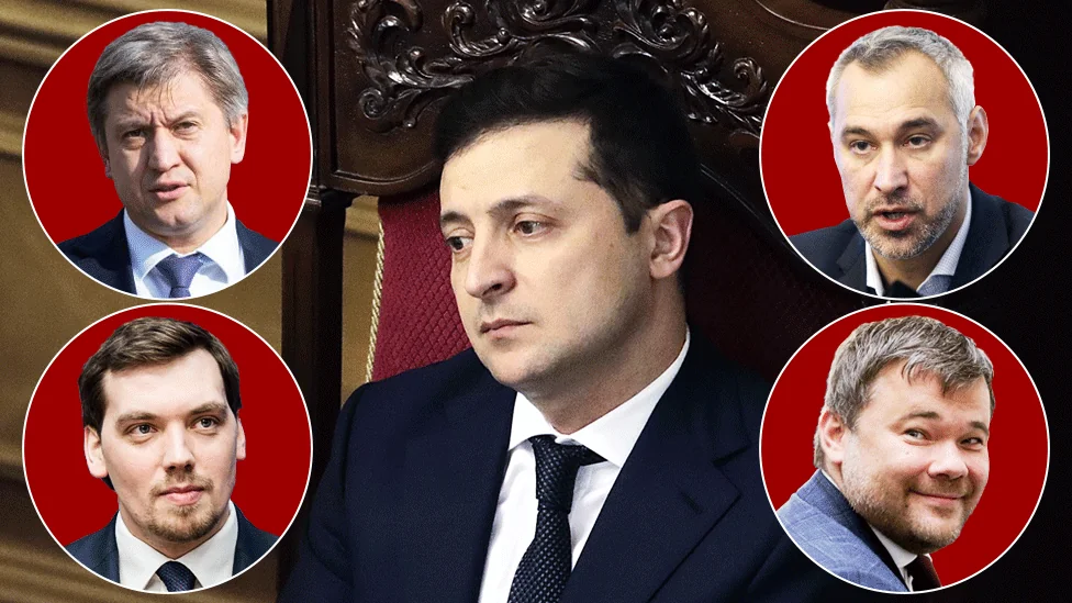 Володимир Зеленський з Андрієм Єрмаком та екс-міністрами МЗС на портретному колажі