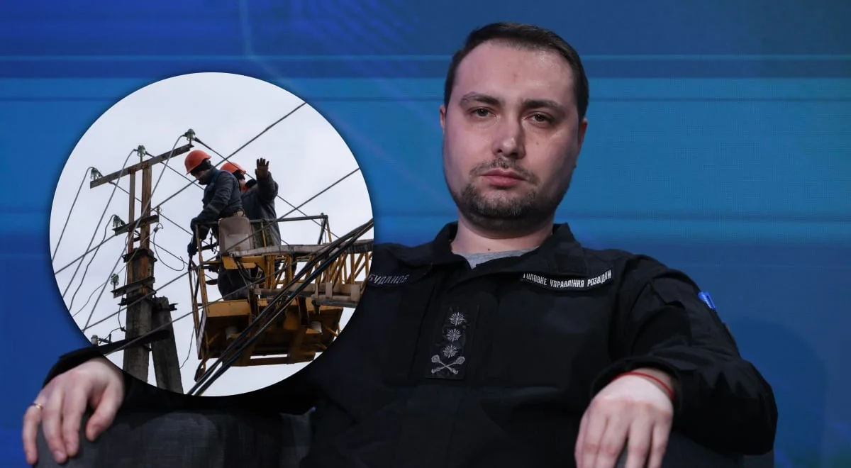 Кирилл Буданов на фоне рабочих, ремонтирующих электрические линии перед зимой
