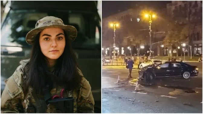 Ярина Арєва в камуфляжі та розбите авто після її ДТП