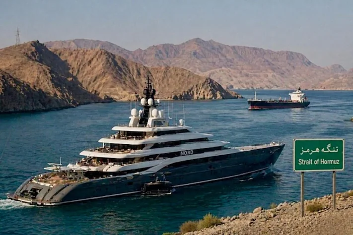 Яхта Nord Мордашова проходить Ормузський пролив біля знаку Strait of Hormuz.