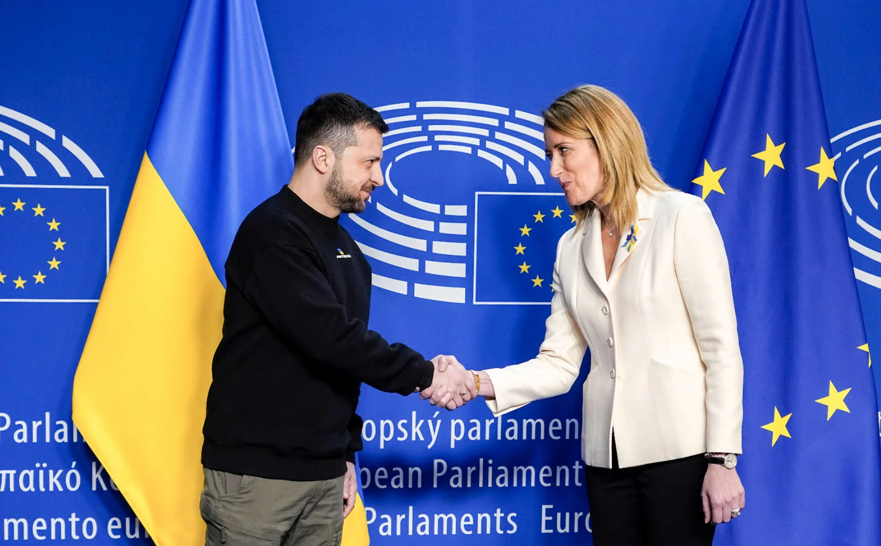 Владимир Зеленский жмёт руку евродепутатке перед флагами Украины и ЕС в Европарламенте