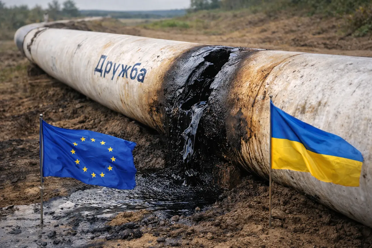 Пошкоджений нафтопровід «Дружба» з витіканням нафти біля прапорів ЄС та України